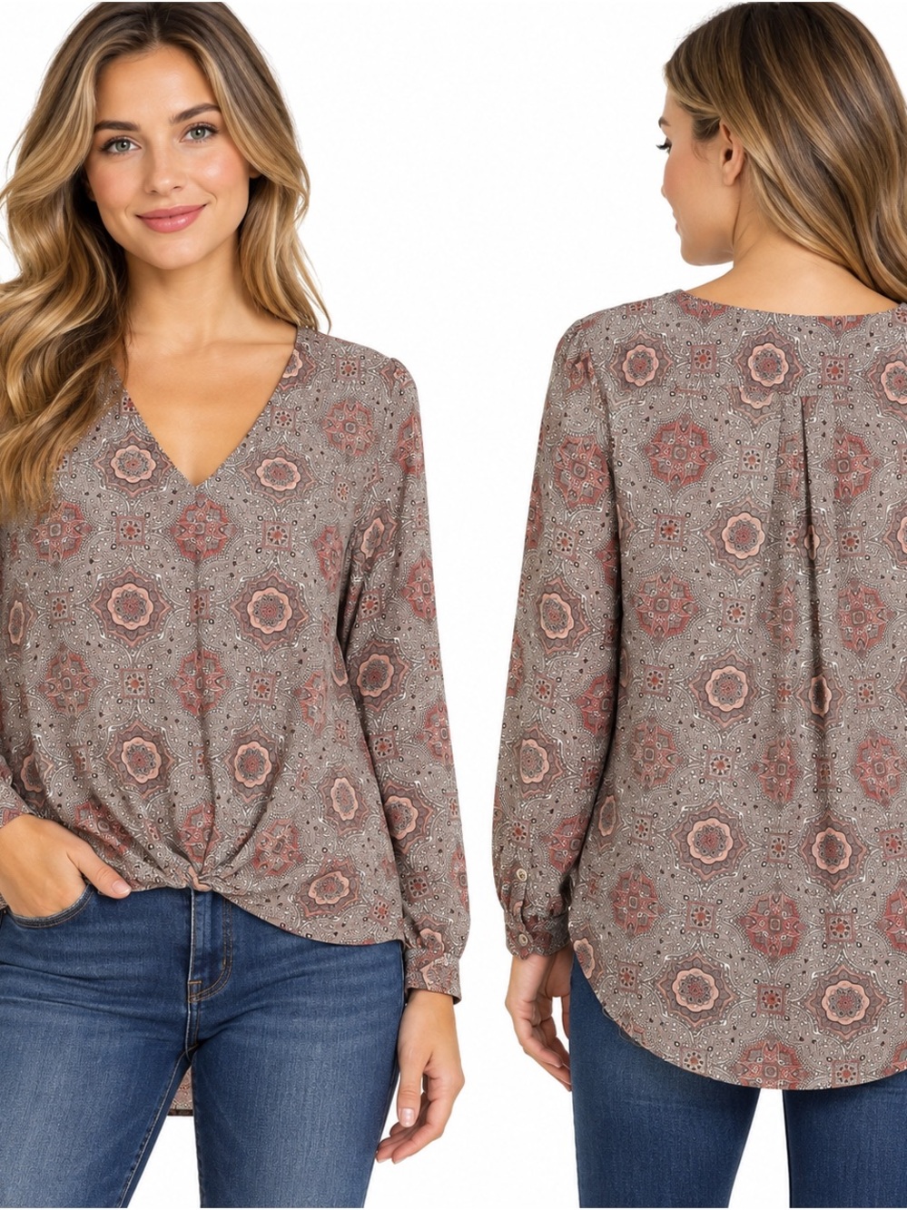 Adrienne Vittadini Taupe and Dusty Rose Medallion V-Neck Blouse - 1123